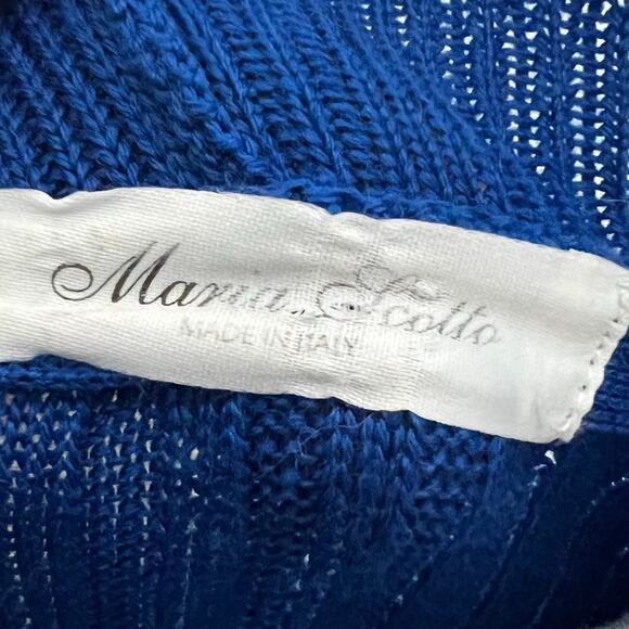 Maria Scotto Wool Blend Robe Sweater Dress MED Blue Midi Rib Knit Lettuce Trim - Picture 9 of 10